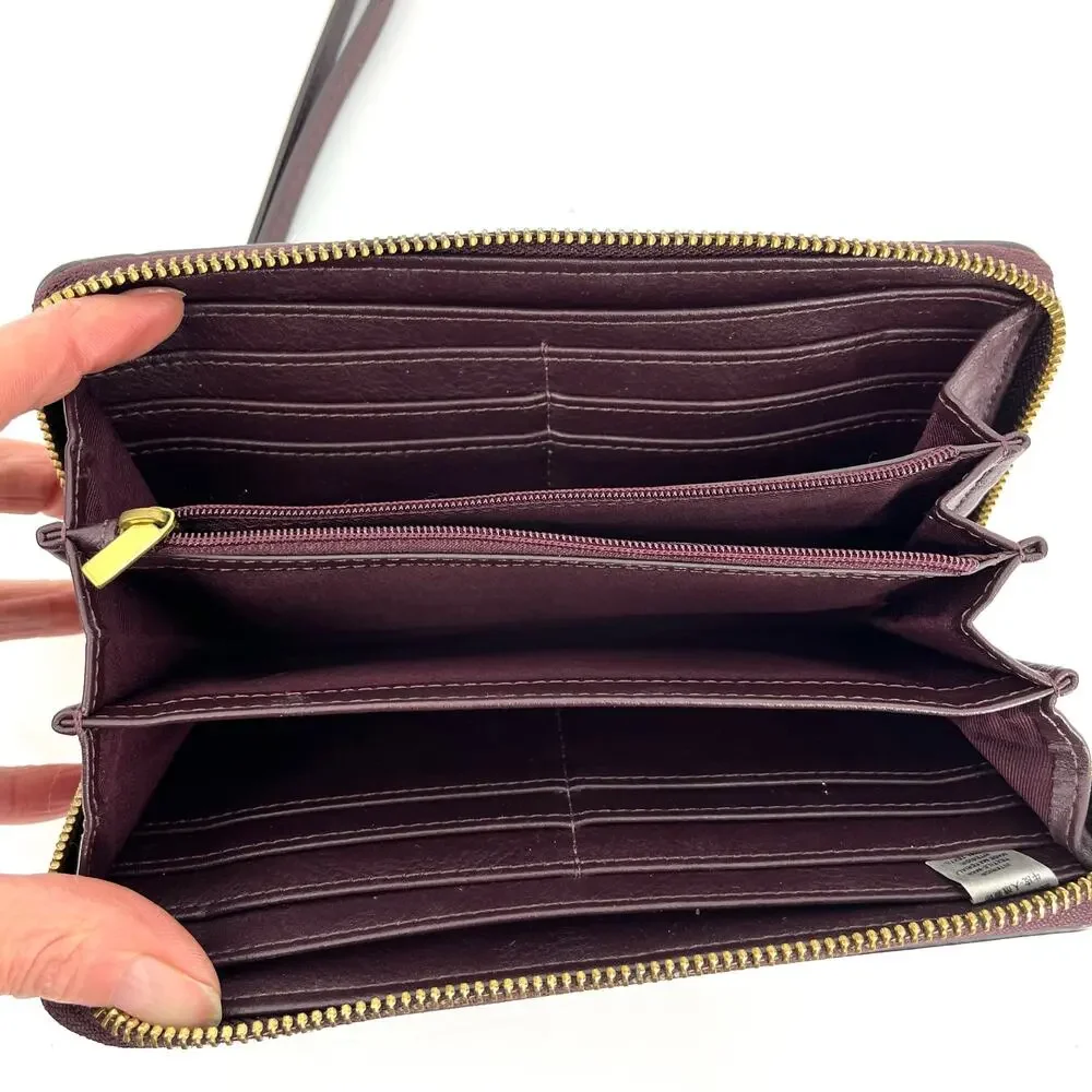 Fossil Logan Purple Multi-Color Striped Zip Around Leather Wallet Wrist Strap‎